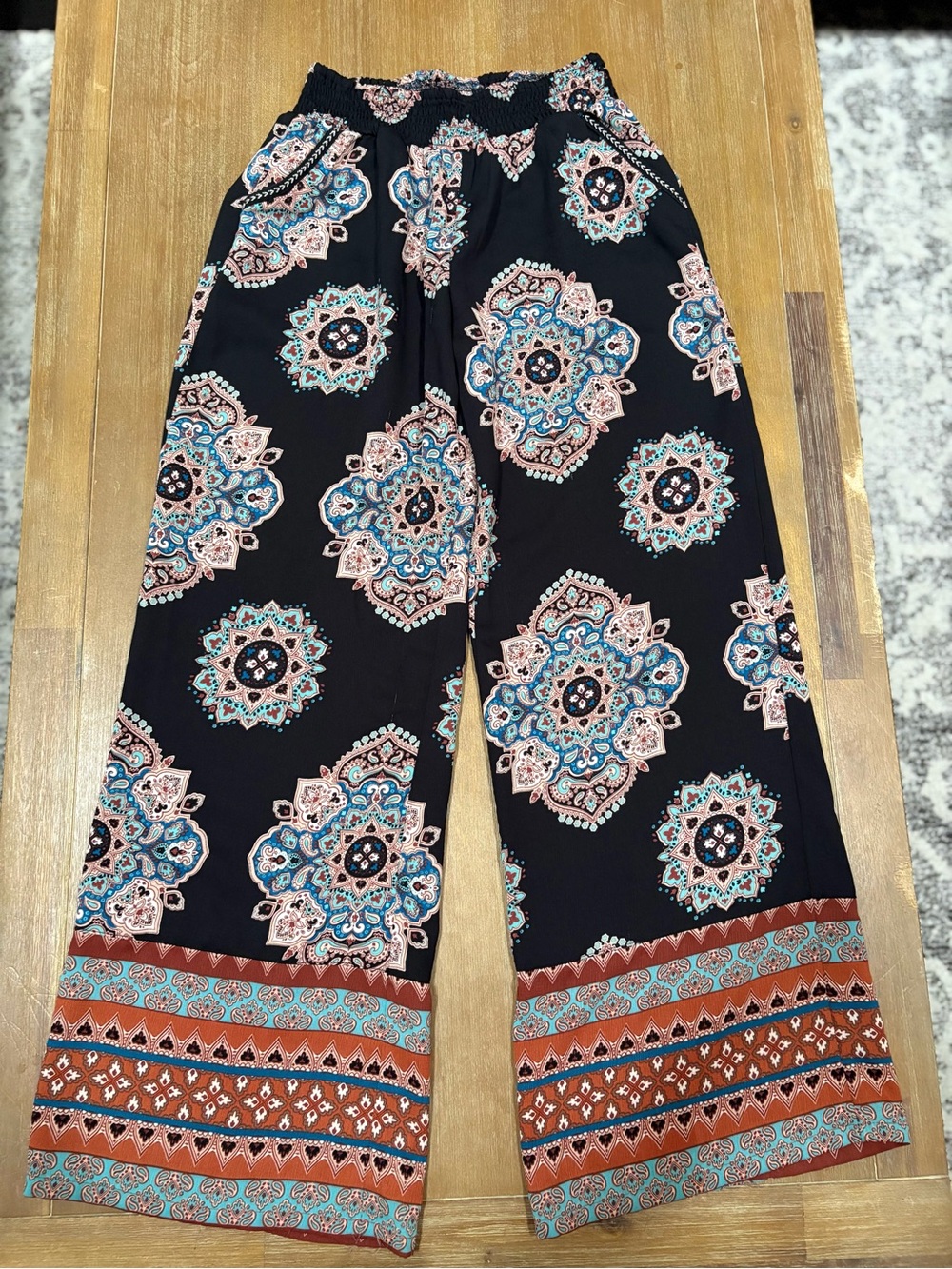 About A Girl Black Wide-Leg Paisley Medallion Palazzo Pants with Rust Trim